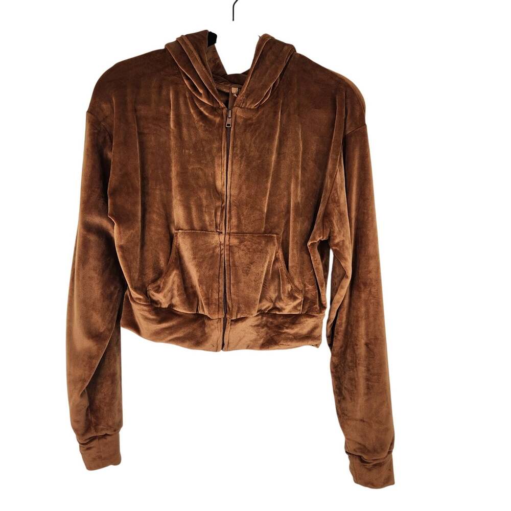 Skims Copper Brown Velvet Cropped Full Zip Hoodie Sweater Women's Medium
